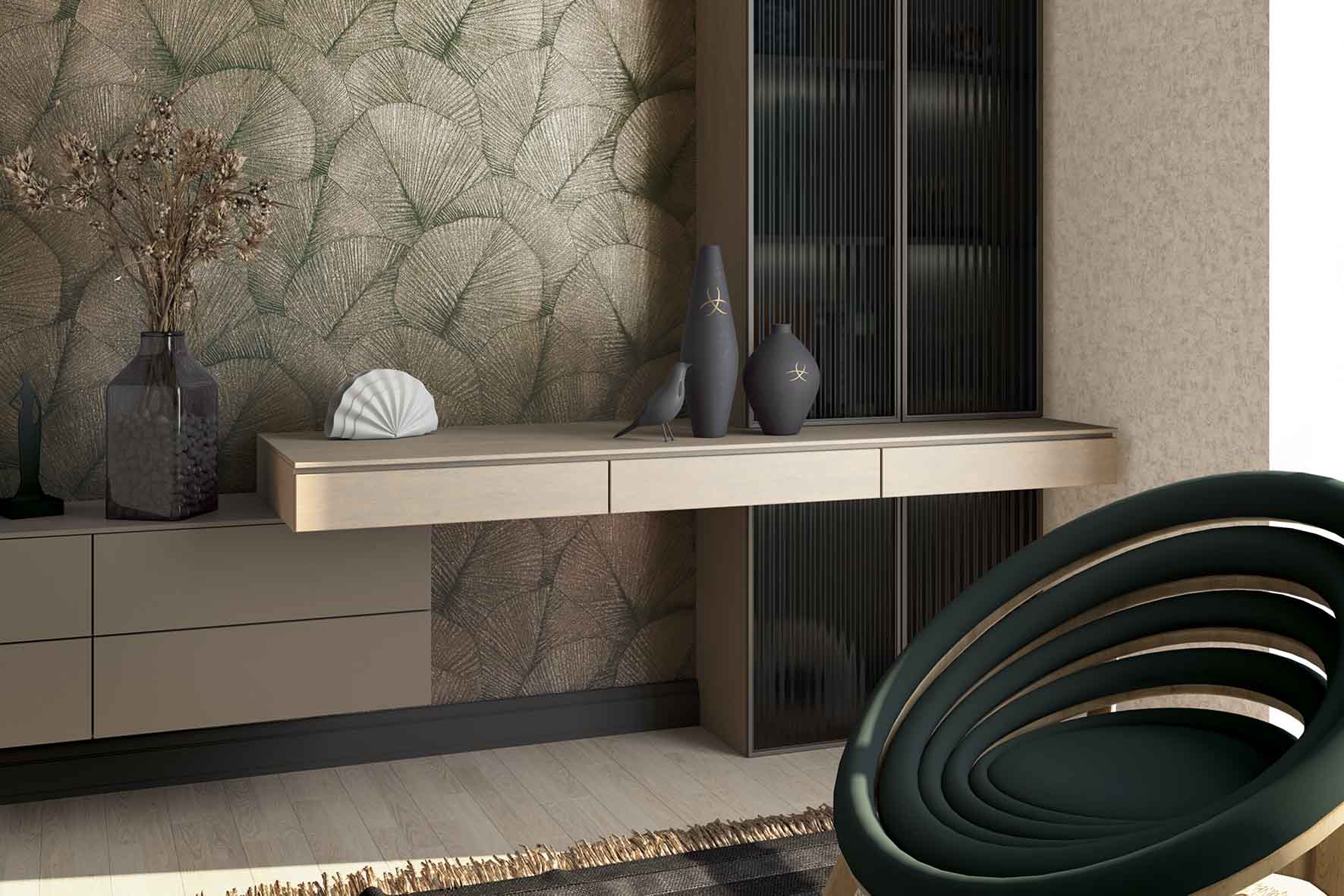Moderner Wohnbereich in beige Tönen mit schwebendem Sideboard, dekorativen Vasen und gemustertem Wanddesign